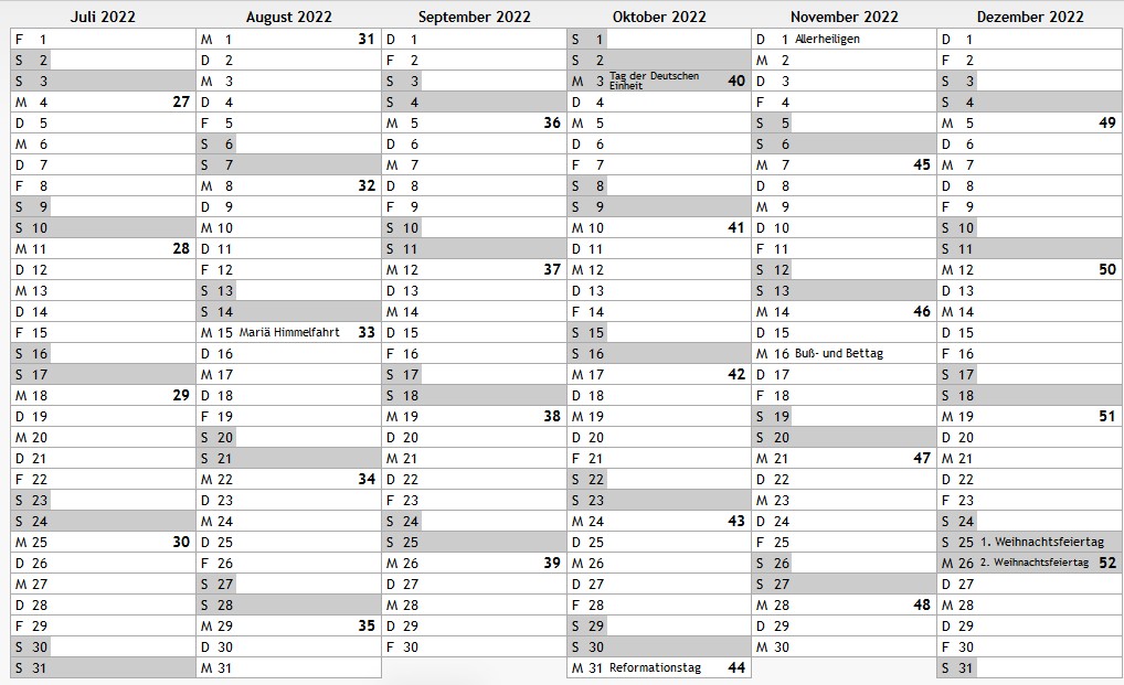 Kalender 2022 - 2. Halbjahr.